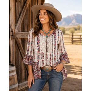 Maeve Anthropologie Floral Lace Bib Peplum Blouse Ivory Red Blue Womens Size 4